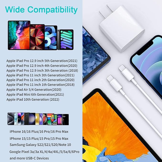 Fast Charger for iPhone 17 16【Apple MFi Certified】 20W Type C Wall Charger | Block with 10Foot USB C to C Woven Braided Cable for iPhone 17/17 Air/17 Pro Max/17 Pro/16/16 Pro Max/16 Plus/15/iPad/Airp