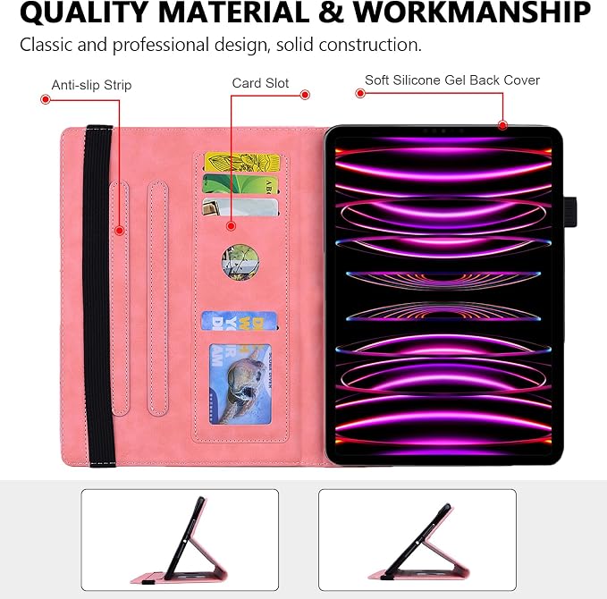 Folio Case for iPad Pro 11 2018-2022 iPad Air 11 2025/2024/Air 10.9 - Techcircle Stand Mandala Embossed PU Leather Soft TPU Cover with Elastic Strap Card Slots Pencil Holder - Pink