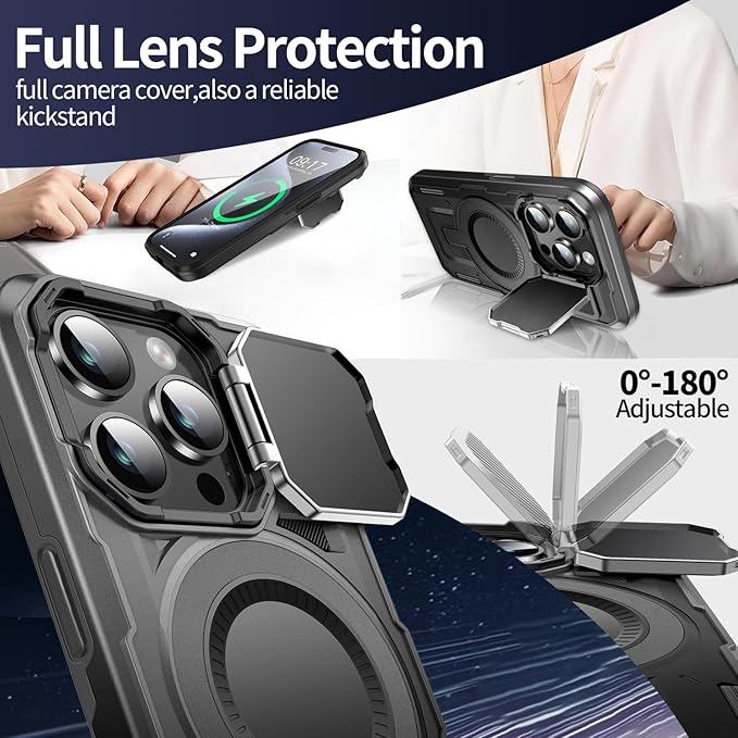 Camera Stand Case for iPhone 15 Pro, [Compatible with MagSafe] [Lens Cover] 2024 Version Military Grade Protective Soft Case for iPhone 15 Pro 6.1 inch Men Women, Black