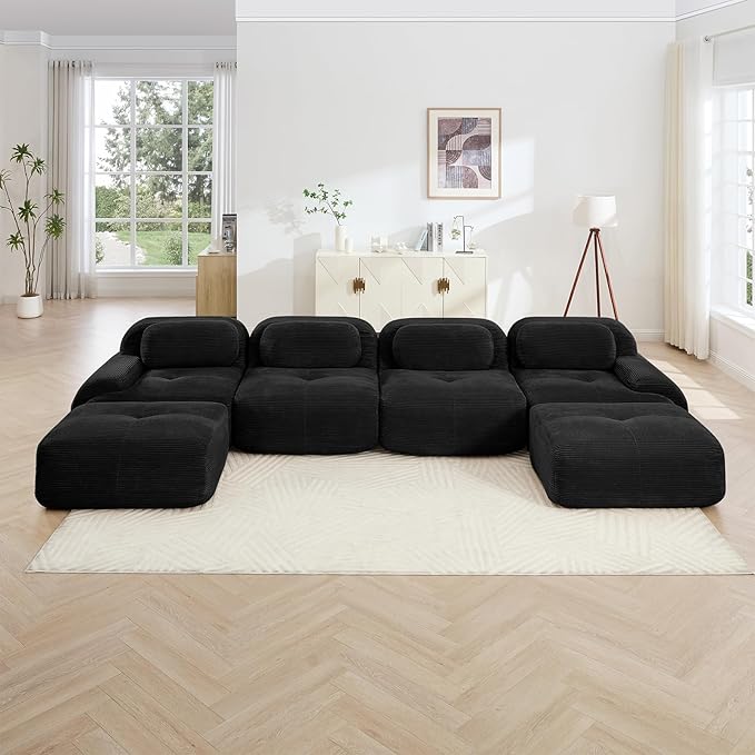 152" Modern Corduroy Cloud Sofa with Ottoman, U Shaped Boneless Modular Large Sectional Couches for Living Room, Black 4 Seater Compressed Memory Foam Couch, Extra Deep Seat, No Assembly
