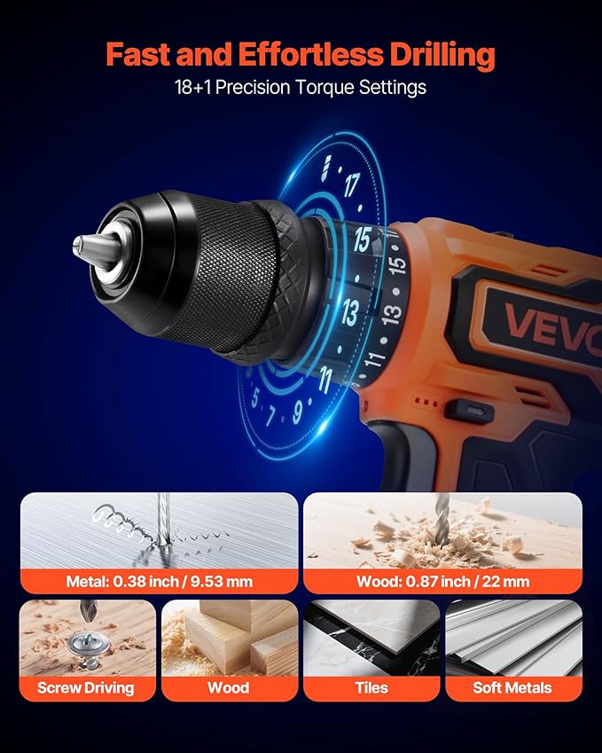 VEVOR Cordless Drill Driver, 5-In-1, Metal Chuck, Dual-Speed Variable, Drill Driver Kit with 2 Lithium Batteries and Charger, Tool Box, for Wood and Metal Drilling, Screw Tightening or Loosening