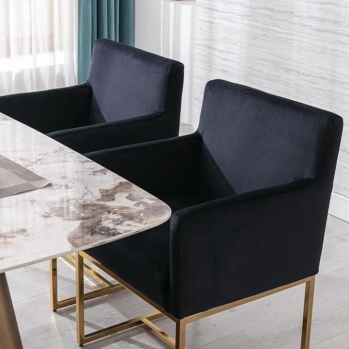 Set of 6 Upholstered Velvet Dining Chairs with Armrest, Mid Century Modern Accent Armchairs, Modern Kitchen & Dining Room Chairs with Gold Frame, Black