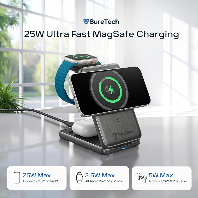 Qi2.2 Certified 3-in-1 Foldable Wireless Charging Station for Apple Devices with 65W Adapter 25W Fast Charging Dock Portable Magnetic Charger for iPhone 17-13 Apple Watch Series &amp AirPods