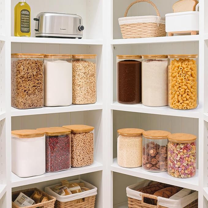 ComSaf Glass Pantry Storage Containers, 4.6Qt/1.6Qt Large Square Flour and Sugar Containers with Airtight Lids, 1.2 Gallon Glass Jars with Bamboo Lids for Rice, Pasta, Cookies, Coffee Beans