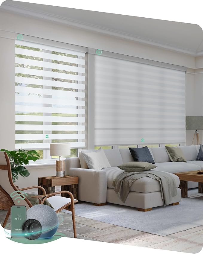 Yoolax Motorized Blinds with Remote, Electric Zebra Blinds for Indoor Windows, Room Darkening Smart Shades with Voice Control, Compatible with Alexa Google Home, APP Control, 52" W x 72" H, White