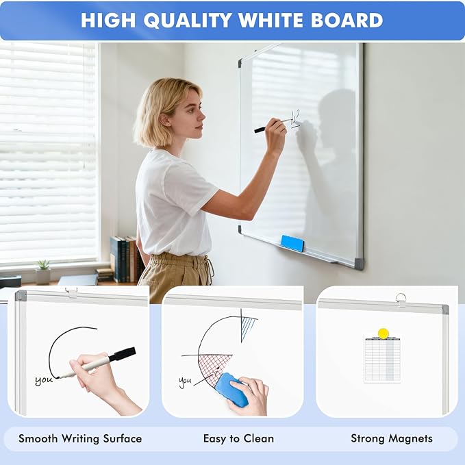 WALGLASS Magnetic White Board, 36" x 24" Double-Sides Dry Erase White Board for Wall, Hanging or Mounted Whiteboard, Horizontal or Vertical, Silver Aluminium Frame, Home, School, Office, Kitchen