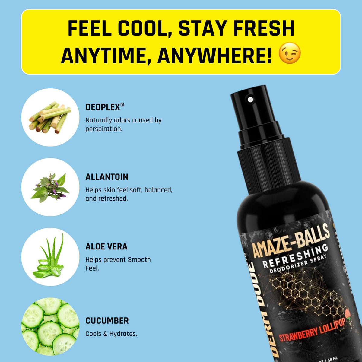 Derm Dude Amaze Ball Deodorant Spray for Men | Anti-Chafing Groin & Sack Spray with DeoPlex & Aloe Vera | Odor & Sweat Control for Private Parts | Strawberry Lollipop Scent, Talc-Free, 2oz