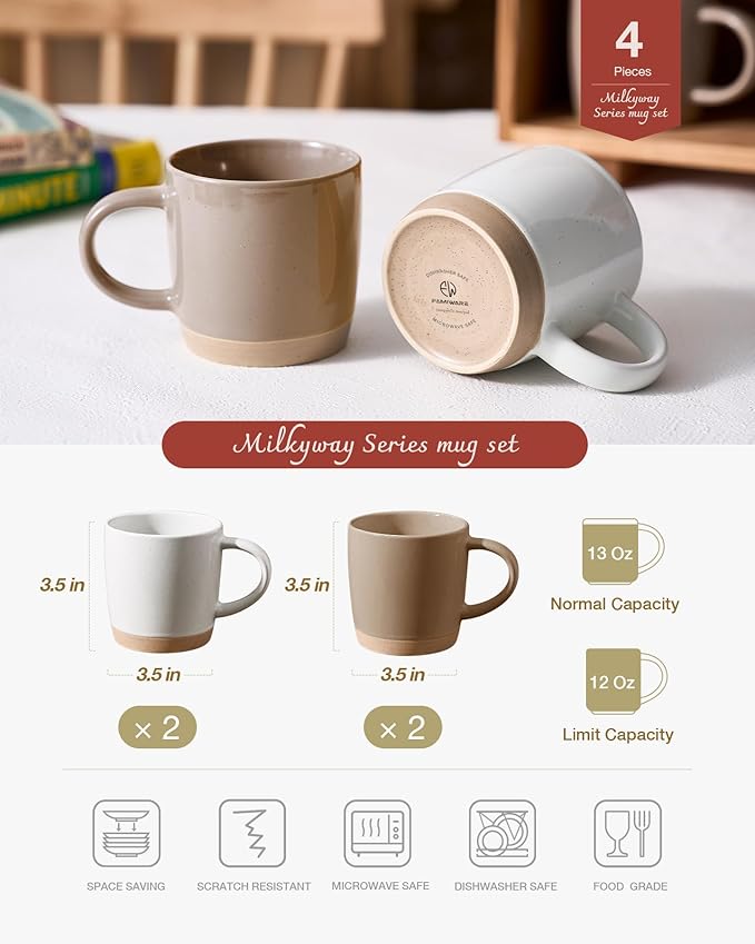 famiware Coffee Mugs for 4, 13 oz Mug Set, Dringking Cup with Handle for Coffee, Tea, Cocoa, Milk, Milkyway serise, White+Cinnamon Brown