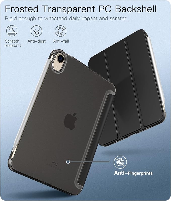 TiMOVO Case for iPad mini 7 A17 Pro 8.3 &amp mini 6th Gen - Black | Slim Translucent Hard Back Folio Cover Support Touch ID Auto Wake/Sleep