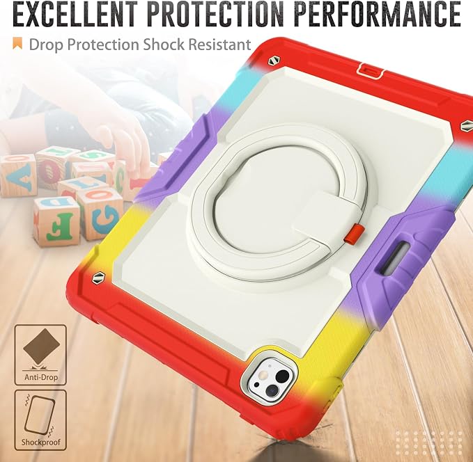 for iPad Pro 11 inch Protective Case M5 2025/M4 2024: Heavy Duty Shockproof Case with Pencil Holder - 360°Rotating Handle/Stand - Screen Protector - Shoulder Strap Black/Sky Blue