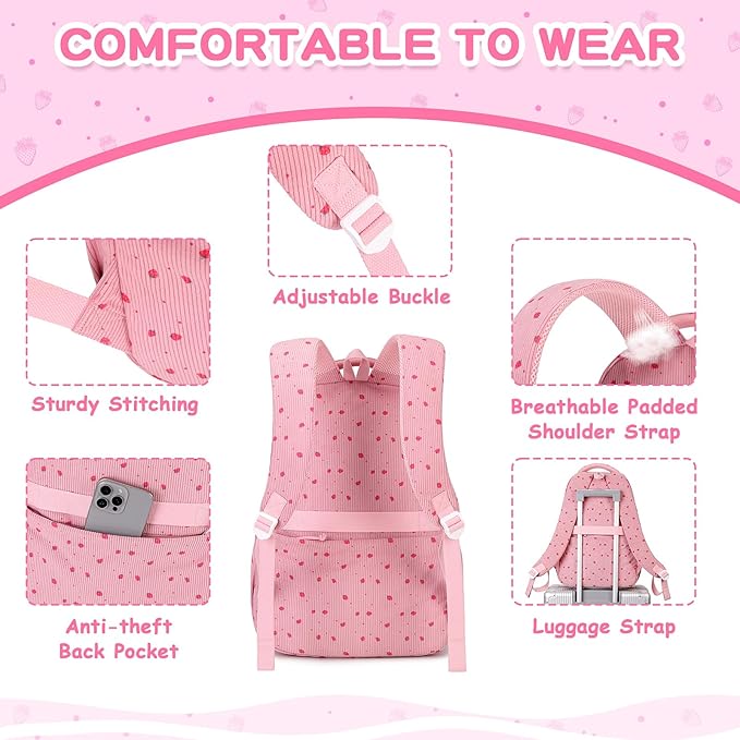 Corduroy Backpack Kids Backpack for Girls School Bags for Middle School Students Book Bag for Elementary Primary Kawaii Ita Backpack, Pink Strawberry