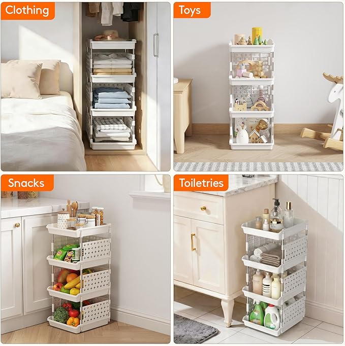 Lifewit Plastic Stackable Storage Baskets, 4 Tier Stacking Bins for Food and Clothes, Multifunctional Organizer for RV, Kitchen, Playroom, Pantry and Bathroom, 13.8"D x 11.8"W x 28.3"H, 1 Pack, White