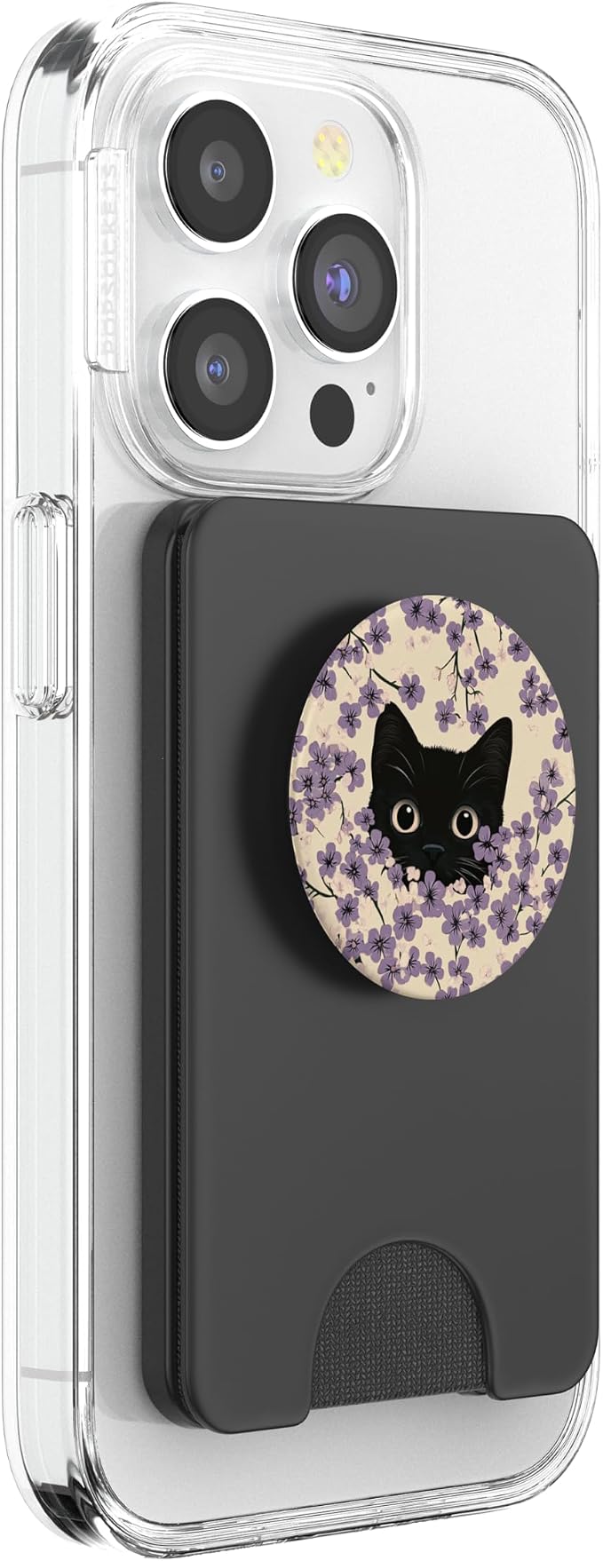 Black Cat in Botanical Flower Purple Floral Pattern Cute Cat PopSockets Adhesive PopGrip