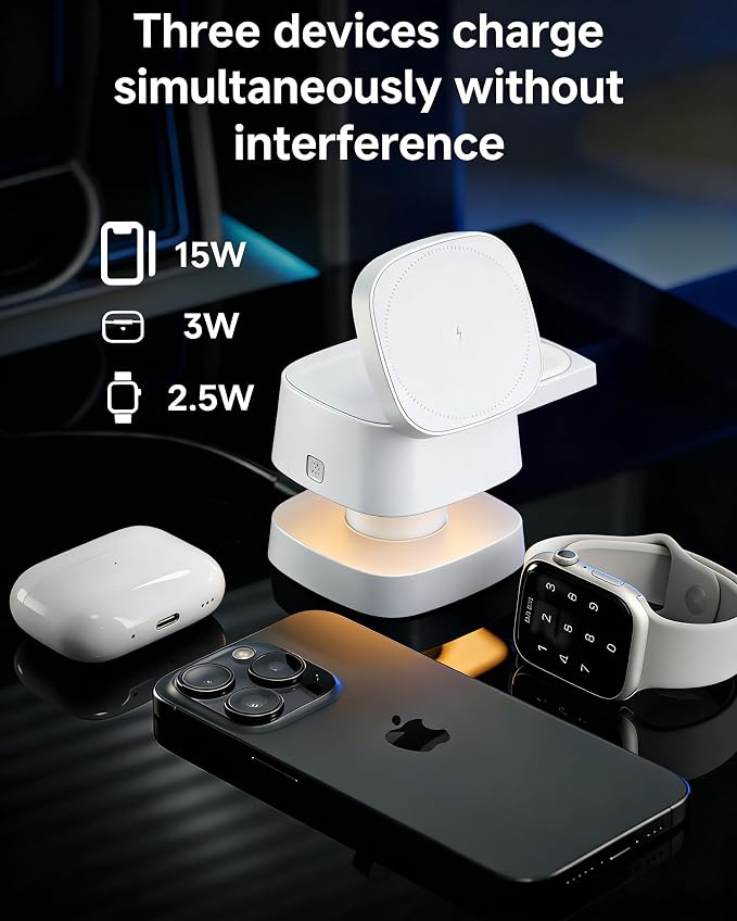 4-in-1 Wireless Charging Station 15W Fast Charging with Adjustable Night Light Multi Device Charging Station Compatible with iPhone 15/14/13/12 Series Apple Watch AirPods – Black