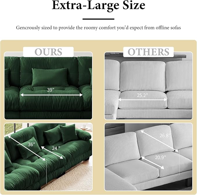 173.2" Oversized Couch, 4 Seater Modular Sectional Sofa, Green Large Sectional Couches for Living Room, Fluffy Chenille Fabric Cloud Couch with 5 Pillows, Deep Seat Sofas