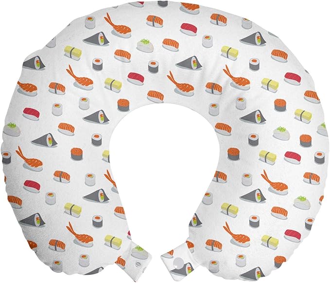 Ambesonne Sushi Travel Pillow Neck Rest, Traditional Japanese Dishes Concept Veggie Stuffed Sushi Rolls and Cavier Pattern, Memory Foam Traveling Accessory for Airplane and Car, 12", Orange Grey
