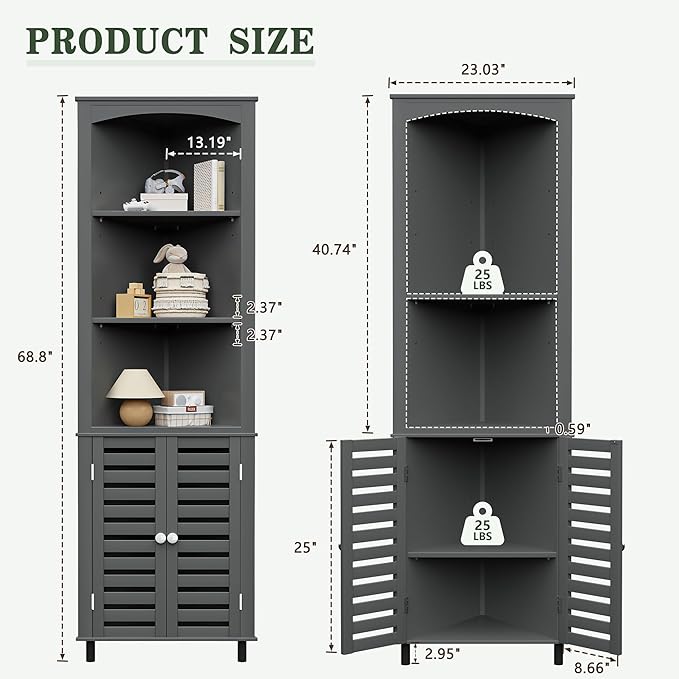 VECELO Tall Corner Cabinet, 68.8'' Storage Cabinet with Doors and Adjustable Shelves, for Living Room, Bathroom, Kitchen, Grey