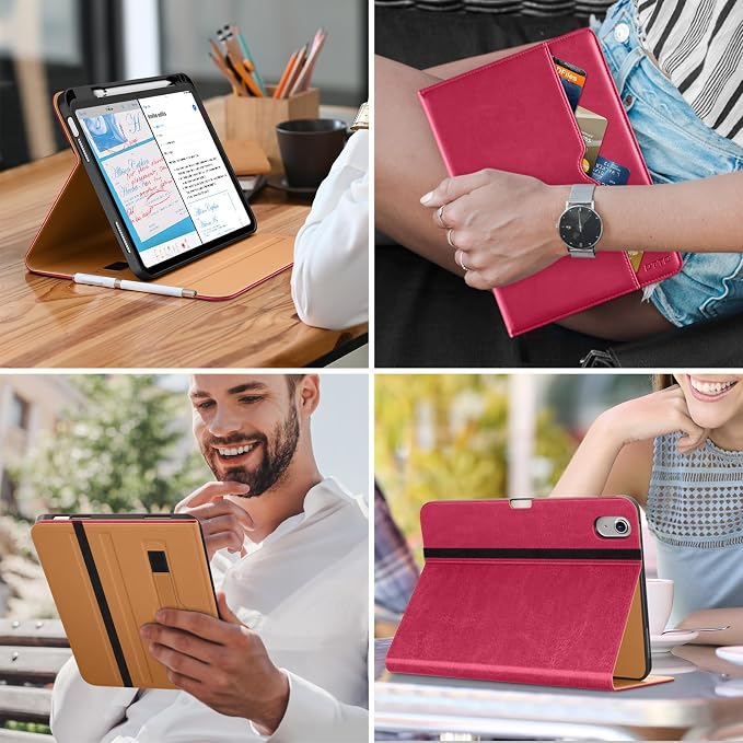 DTTO for iPad (A16) 11th Generation 11-inch &amp 10th Gen Case Brown | Premium Leather Business Cover with Pencil Holder Hand Strap &amp Pocket Corner Protection Auto Sleep/Wake for Work &amp