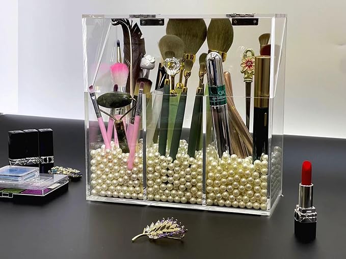 Acrylic Makeup Organizer,Clear Cosmetic Brush Storage Box With 3 Brush Holders,with Dust Cover, Large-capacity Split Design can Quickly Organize the Desktop (with3 bags of white pearls