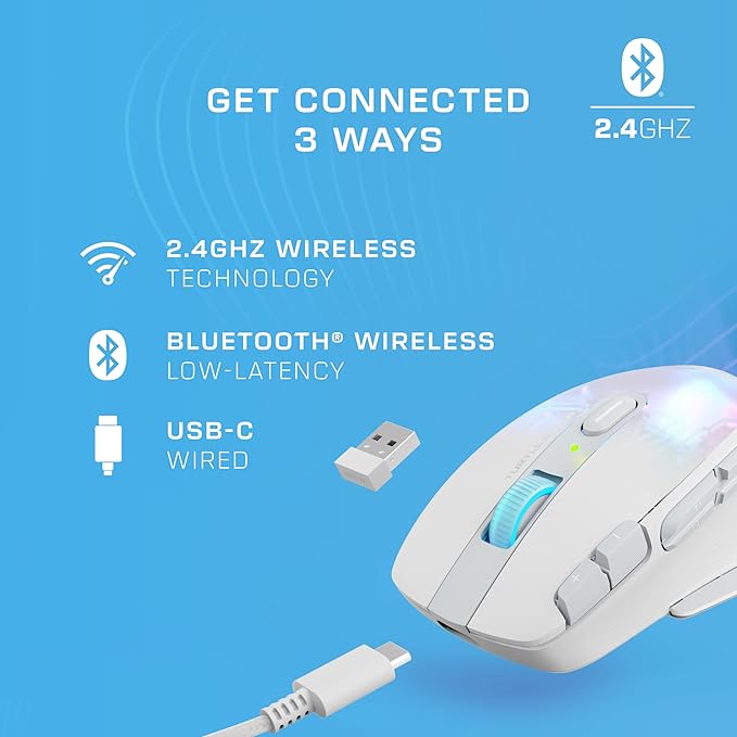 Turtle Beach Kone XP Air Wireless RGB Gaming Mouse, 19000 DPI Optical Sensor, 100-hour Rechargeable Battery & Charging Dock, 29 Programmable Inputs, Ergonomic Design, Bluetooth, 4D Wheel – White