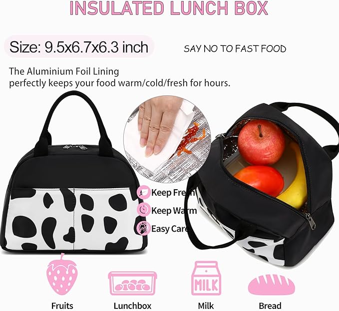 School Backpack for Girls Teens Bookbag with Lunch Box Set Kids Backpack Elementary Middle School Bag Daypack, Black Cow