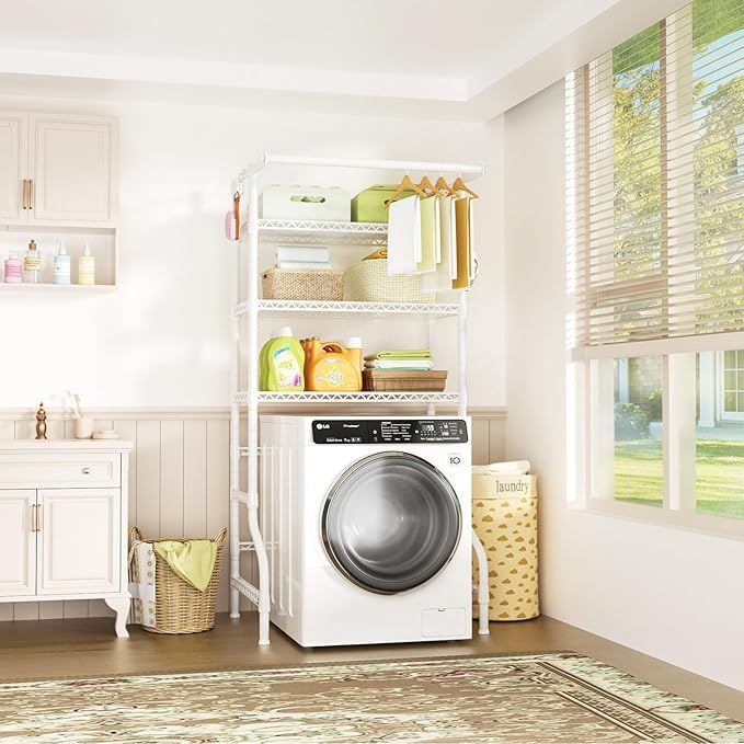 Ulif U11 Over Washer and Dryer Shelves, 3 Tiers Laundry Room Storage and Organizer Standing Shelf, Metal Freestanding Clothes Drying Rack, 33.9" W x 19.7" D x 77.6" H, White