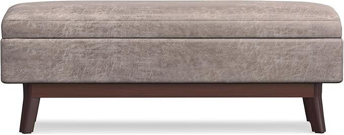 SIMPLIHOME Owen Rectangular Storage Ottoman - 48 inch Wide Upholstered Vegan Leather Lift-Top Ottoman in Distressed Grey Taupe, Mid-Century Modern Ottoman for Living Room with Tufted Detail