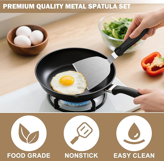 Stainless Steel Spatula Set 4 Pcs, Solid & Slotted Turner with Small Spatula and Half-Moon Scraper – Silicone Handle Kitchen Utensils for Cooking, Flipping & Baking