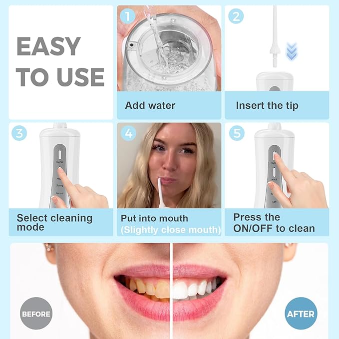 GOLDANT 350ML Water Dental Flosser Teeth Pick with Travel Bag, 5 Modes Portable Cordless Oral Irrigator Cleaner, Electric Rechargeable IPX7 Waterproof for Home Travel Teeth Cleaning flossing (White)