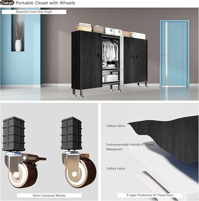 Foldable Portable Armoire Wardrobe Closet for Hanging Clothes Rack, Heavy Duty Covered Clothes Rack with Cover(HARDBOARD Magnetic), Closet Garment Rack for Bedroom Storage (KT-WoodgrainBlack, 70.86in)