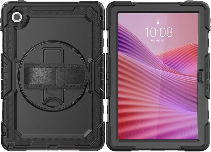Junfire Shockproof Case for Lenovo Tab 10.1 (TB-311XU/TB-311FU) 2025 2026 | Screen Protector 360 Rotating Kickstand Hand Strap Shoulder Belt Black