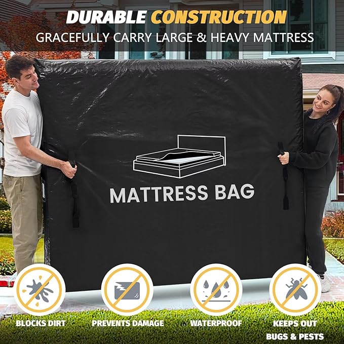 Mattress Bags for Moving and Storage, BETU Full Size Waterproof Mattress Protector Mattress Cover with 8 Heavy Duty Handles and Zipper Extra Thick Moving Supplies for Bed (2 Pack:77x57x13.5 Black)