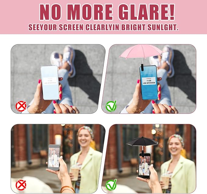 2 PCS Phone Umbrella for Sun Mini Umbrella for Phone with Clip Bracket Used to Shade The Device and Prevent Dizziness Suitable for Beach Pool Outdoor (Black + Pink)