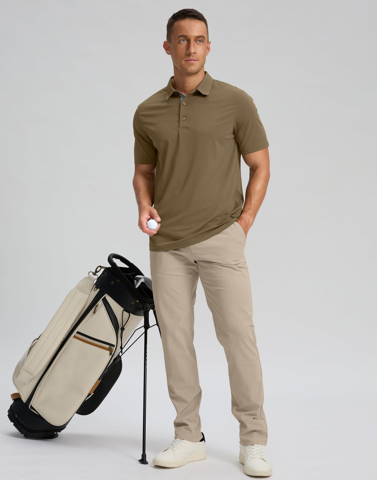 Men's Golf Shirts Dry Fit Moisture Wicking Performance Short Sleeve Collared Polo Shirts for Casual Athletic Business (Khaki, XL)