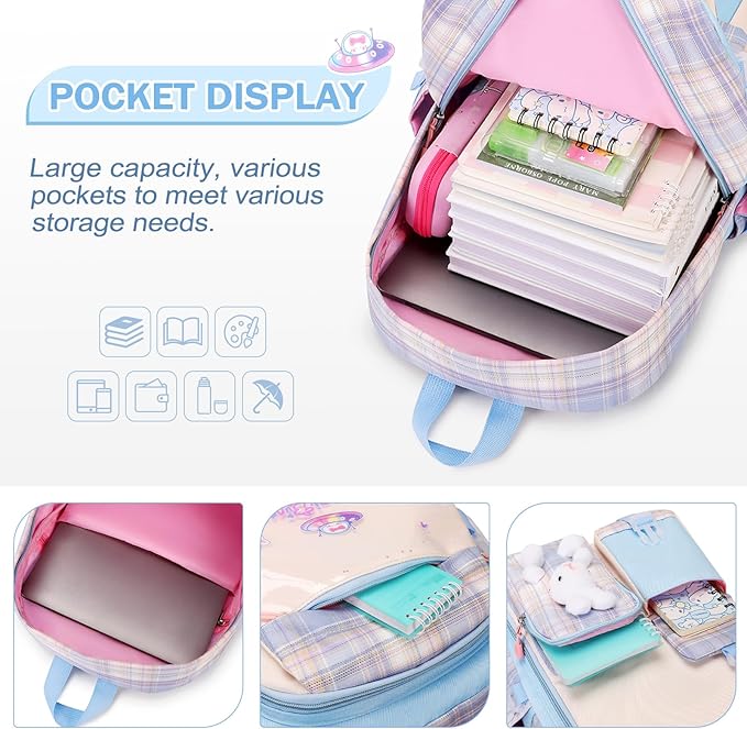 Girls Backpack Set, 3PCS Kids Backpacks for Girl, Kawaii Bunny School Backpack for Girls Kindergarten Elementary Preschool Middle School Bags with Lunch Box Pencil Case Blue-Plaid