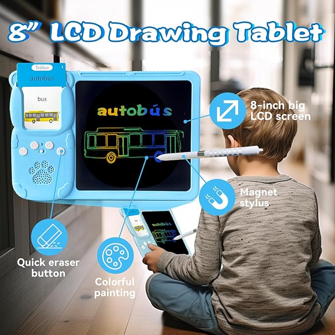 English Spanish Flash Cards for Kids 3-12 - Drawing Writing Tablet for Toddlers, Sensory Toys for Autistic Children, 510 Sight Words, Travel Activities for 4 Year Old Girl Boy (Blue)