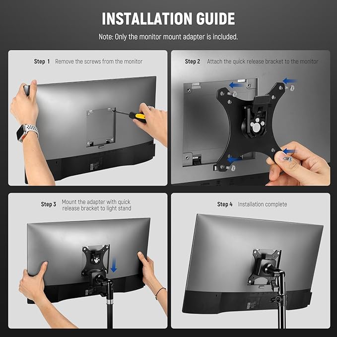 NEEWER Monitor Mount Adapter with Quick Release VESA Mount, 270° Adjustable Metal 5/8" C Stand Light Stand Adapter for Impact Screen Outdoor TV up to 17-32", Max Load 17.5lb/8kg, MA010