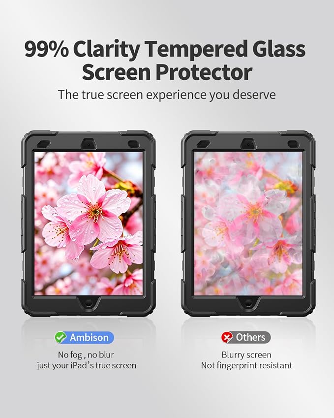 Ambison Case for iPad (A16) 11th/10th Generation 11''/10.9'' Black | Hand Strap 9H Tempered Glass Screen Protector Rotating Stand Shoulder Strap Heavy Duty Shockproof Pencil Holder