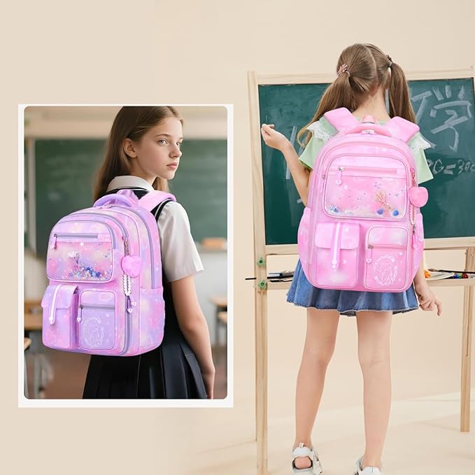 Backpack for Girls Cute Bow Kids Backpack for Elementary School Students Bookbag Middle School Bags for Girls Travel Back Pack, Dreamy Pink