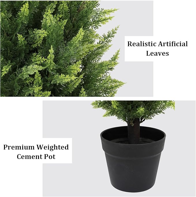 THE BLOOM TIMES 3FT Tall Artificial Cedar Topiary Trees Set of 2, UV Resistant Large Faux Cypress Evergreen Plants for Outdoor Planters, Realistic Fake Bushes & Shrubs for Front Porch Christmas Decor
