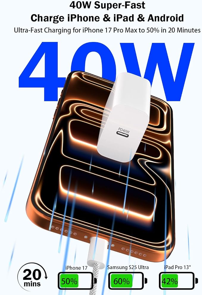 [Apple MFi Certified] 40W GaN III USB C Charger with 10FT Cable for iPhone | 2-Pack PD 3.0 PPS Charger Set Compatible with iPhone 17/16/15 Pro Max Samsung S25 iPad and MacBook Compact Travel Desig