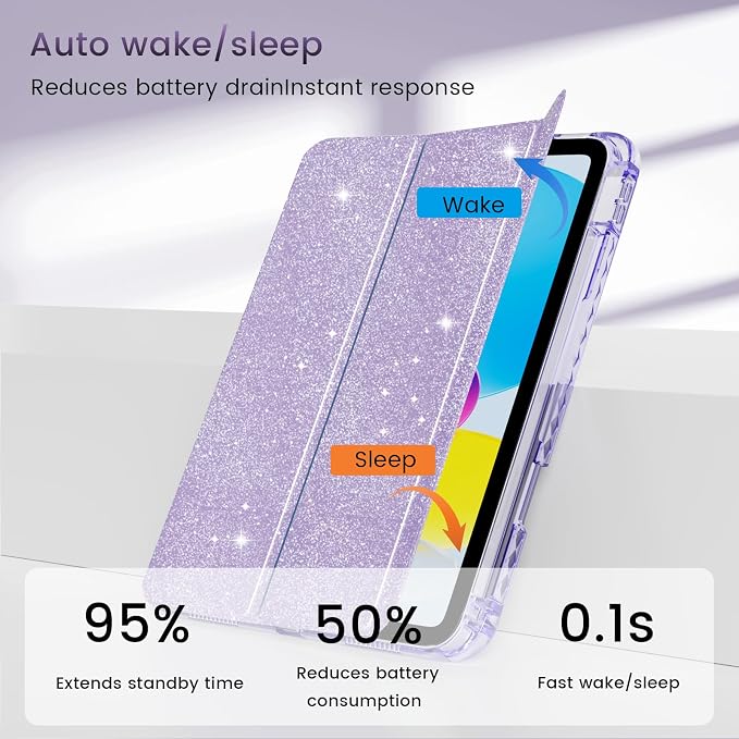 Case for iPad A16 11th/10th Generation 2025/2022 Purple | Glitter Shockproof 10th gen ipad case with Pencil Holder Trifold Stand Auto Wake/Sleep Sparkly ipad a16 case clear