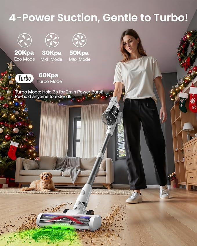 Cordless Vacuum Cleaner for Home, Upgraded 60Kpa Powerful Suction Pet Hair Vacuum with 70min Runtime, Green LED Light for Hardwood Floors & Carpet, Self-Standing Rechargeable Stick Vacuum, Off-white