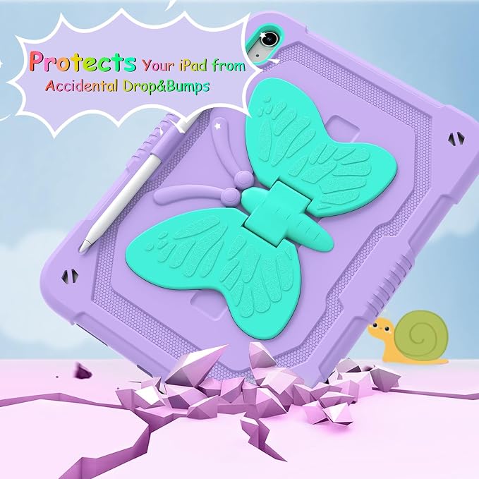 Ambison Kids Case for iPad A16 11th/10th Generation 11''/10.9'' Multicolor | 9H Tempered Glass Screen Protector Butterfly Stand Shoulder Strap Heavy DutyShockproof Pencil Holder