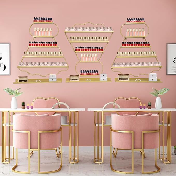 Metal Wall Mounted Nail Polish Racks Display Rack Cosmetic Display Case Lipstick Perfume Wall Shelf Essential Oil Organizer for Nail Polish Bottles Spa Nail Salon Shop (Gold)
