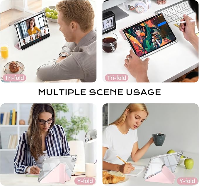 Clear Case for iPad Pro 12.9 inch 6th/5th/4th/3rd Gen with Y-fold &amp Trifold Stand Pencil Holder Support Pencil Charging [Auto Wake/Sleep] Lightweight Shockproof Hard PC Back Cover Black