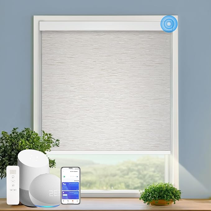 COOLWINDS Motorized Blinds with Remote Cordless Automatic Motorized Shades Custom Blinds for Windows Smart Curtains Compatible with Alexa Google Home(Light Filtering Jacquard Beige,W28 x H72in)