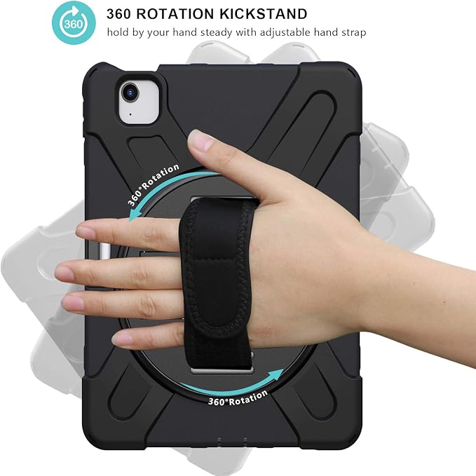 ProCase Rugged Case for iPad Air 11 inch (M2) 2024/ Air 5th / 4th Gen 10.9 Heavy Duty Shockproof Cover with Hand Strap 360 Degree Rotatable Kickstand -Black