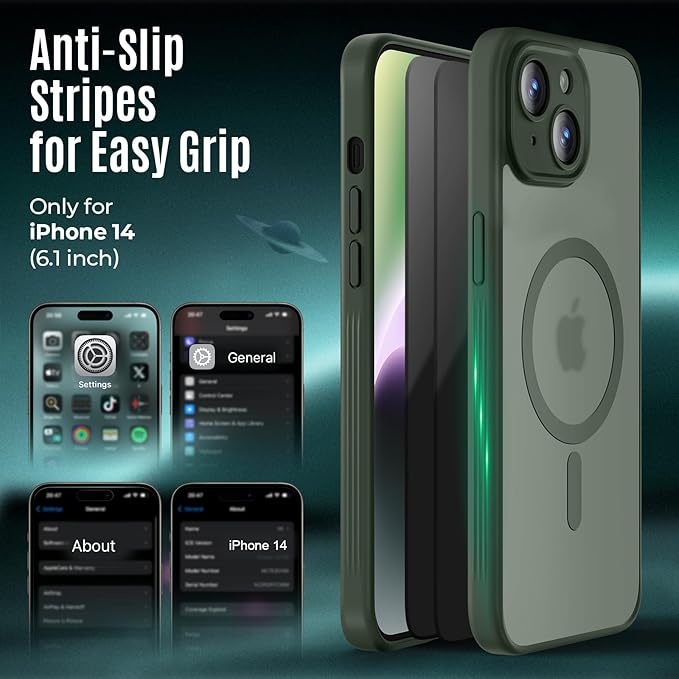 Designed for iPhone 14 Case, Compatible with MagSafe, with Privacy Screen Protectors X2, [Camera Protection] [15FT Military Drop Protection] Shockproof Phone Case, 6.1", Alpine Green