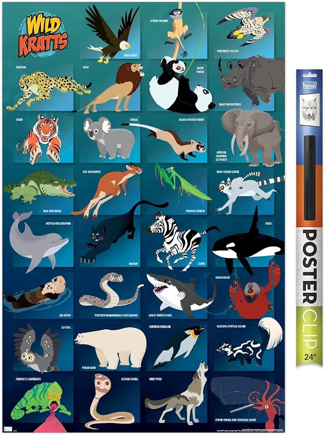 Wild Kratts - Grid Wall Poster, 34L" x 22.4W", Premium Poster & Clip Bundle